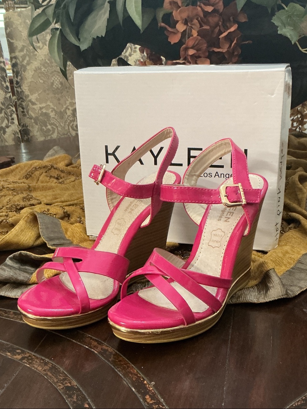 KAYLEEN By Los Angeles Fuchsia Strappy Wedge Sandals